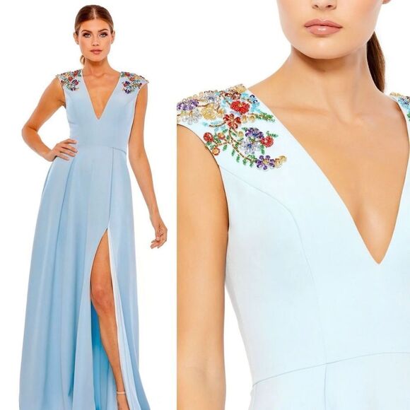 NWT Mac Duggal Ieena blue dress Beaded Cap Sleeve V Neck A Line Gown Sz 2 - Picture 1 of 14